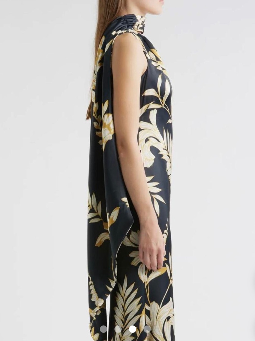 Vince Camuto Black Tropical Print Slip Dress with Gold Leaf Motif